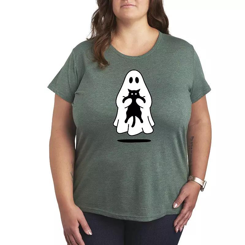 Plus Size Ghost Holding Black Cat Graphic Tee, Womens Grey Green Product Image