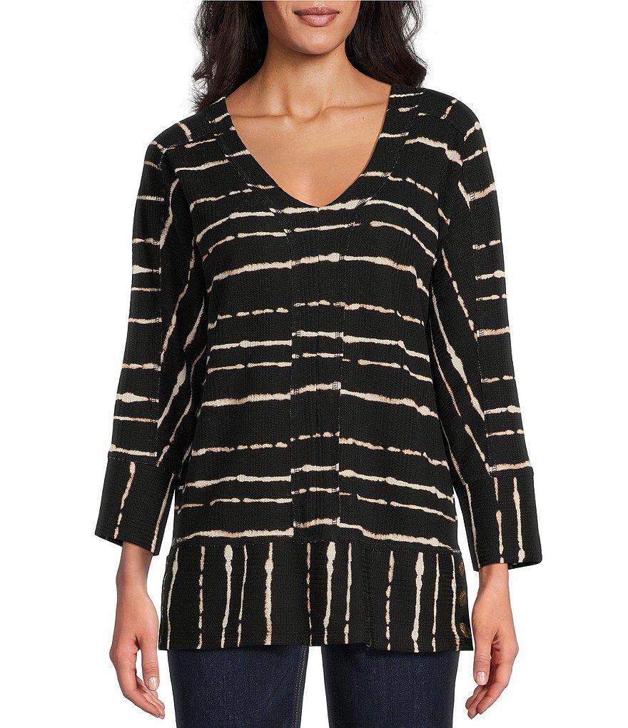 Westbound Black Tie Dye Stripe Print Knit 3/4 Sleeve V-Neck Button Side Hem Top Product Image