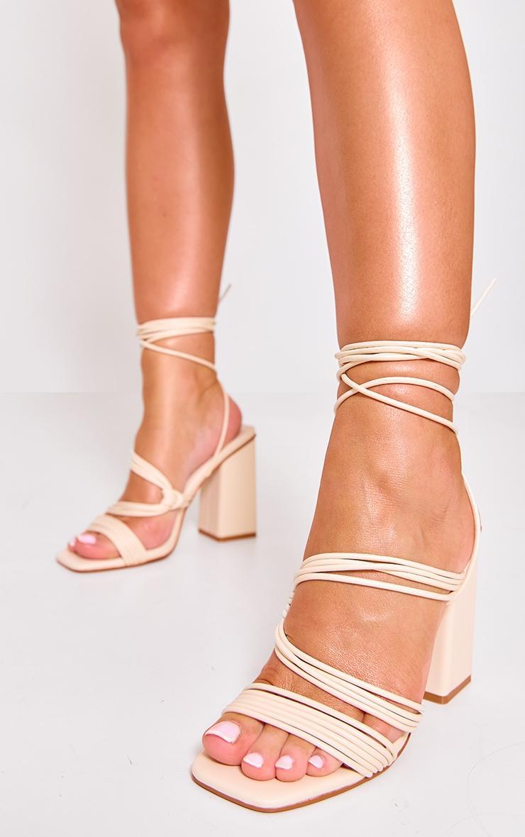 Cream PU Square Toe Strappy Lace Up Block Heeled Sandals Product Image