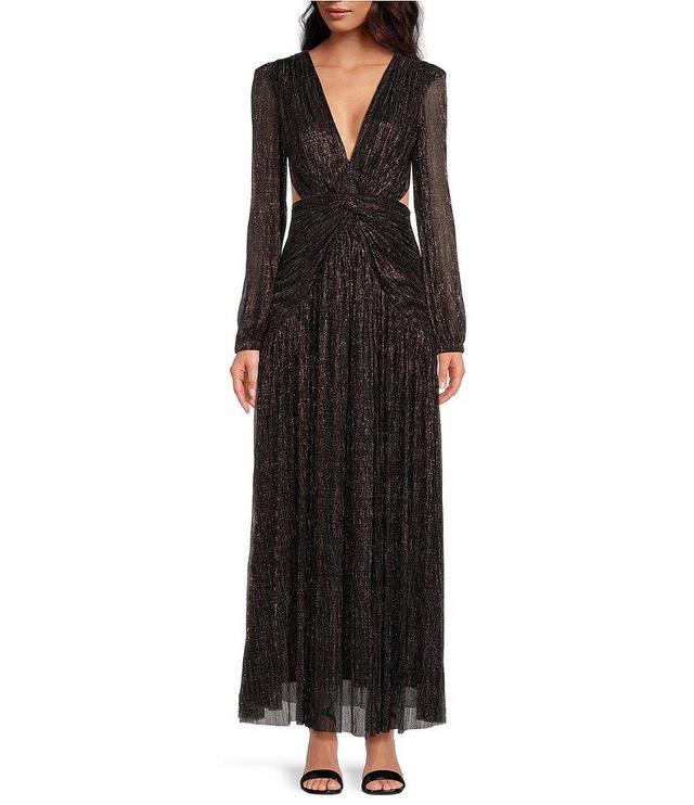 Gianni Bini Hazel Metallic Chiffon V-Neck Long Sleeve Cut Out Dress Product Image