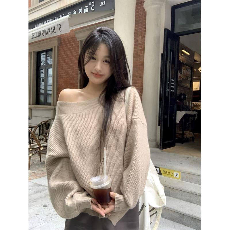 One Shoulder Plain Asymmetrical Ribbed Sweater Product Image