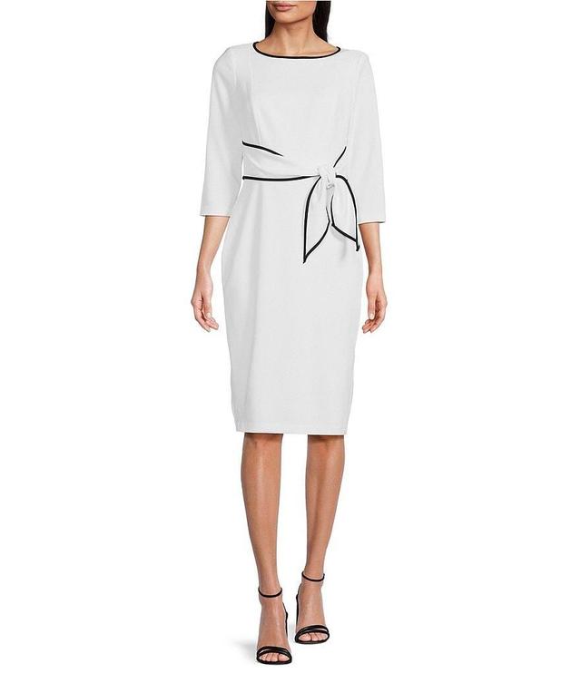 Adrianna Papell Contrasting Trim Boat Neck 3/4 Sleeve Tie Waist Crepe Sheath Dress Product Image