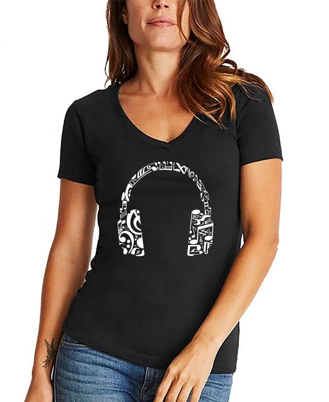 Womens Word Art Music Note Headphones V-Neck T-Shirt Product Image