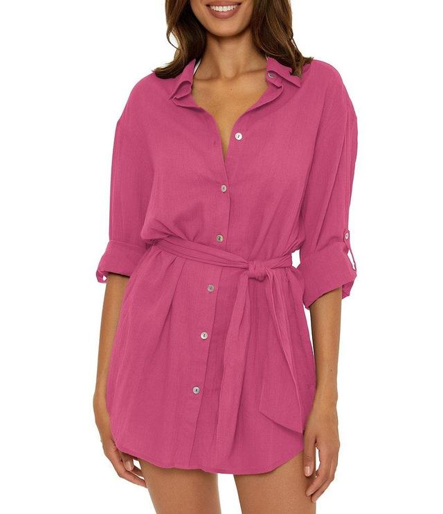 Becca by Rebecca Virtue Gauzy Point Collar Roll-Tab Sleeve Shirt Dress Swim Cover-Up Product Image