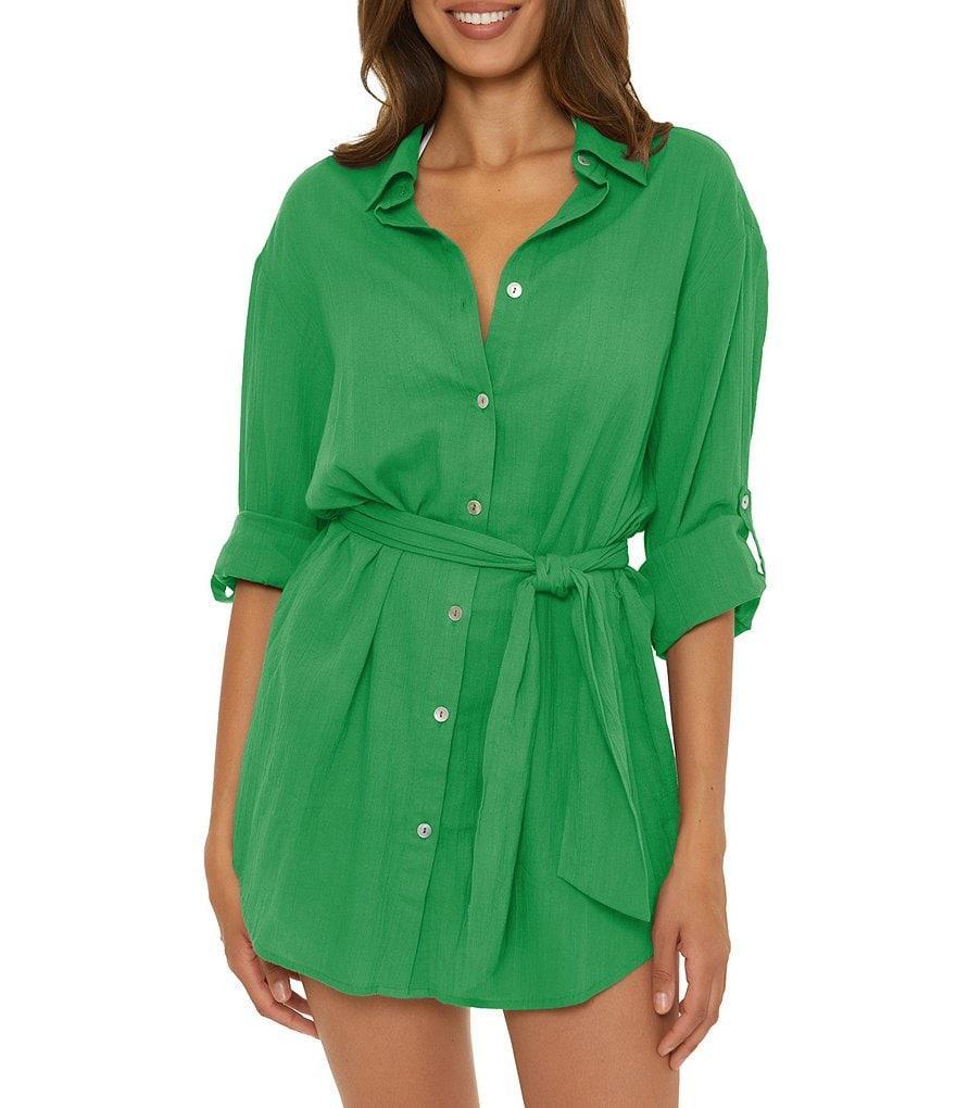 Becca by Rebecca Virtue Gauzy Point Collar Roll-Tab Sleeve Shirt Dress Swim Cover-Up Product Image