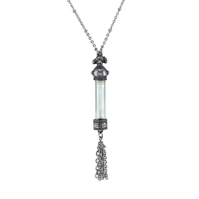 1928 Jewelry Pewter Filigree Blue Crystal Dog Motif Vial Tassel Pendant Necklace, Womens, Grey Product Image