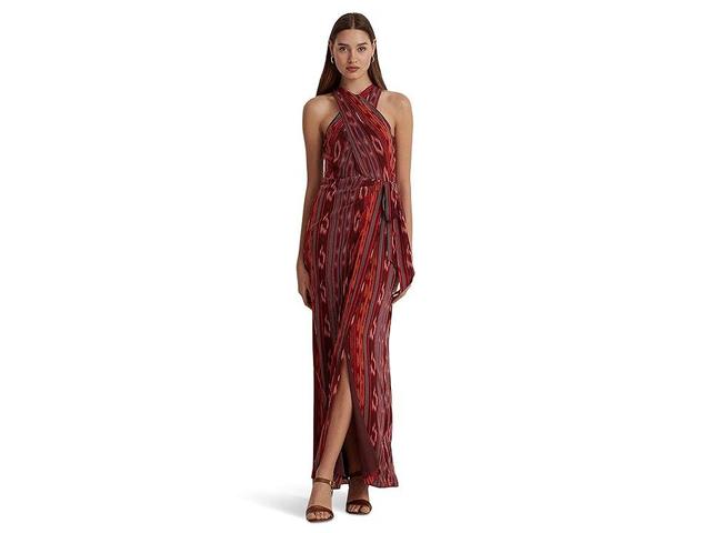 Lauren Ralph Lauren Geo-Striped Georgette Halter Gown (Fuchsia/Orange Women's Dress Product Image