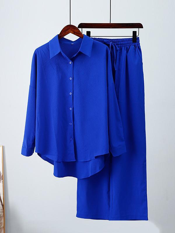 Solid Color High-Low Long Sleeves Lapel Blouses + Drawstring Pants Two Pieces Set Product Image