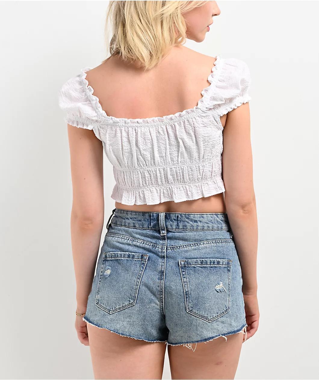 Hesperus White Woven Smocked Crop Top Product Image