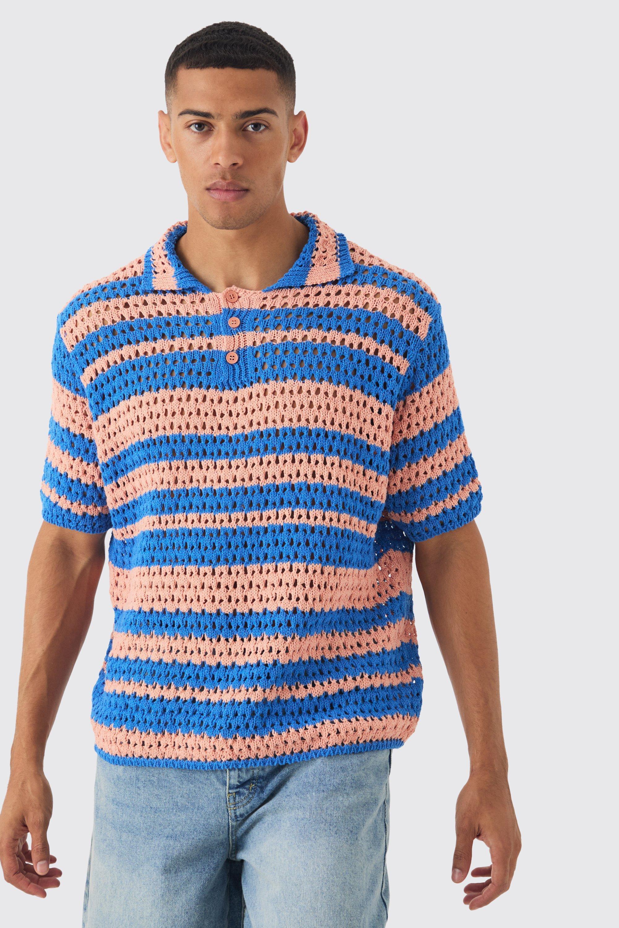 Oversized Boxy Open Stitch Stripe Polo | boohooMAN USA Product Image