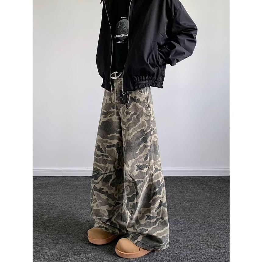 High Waist Camoflague Print Wide Leg Jeans Product Image