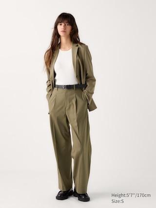 Womens Pleated Wide Pants Olive Large UNIQLO US Product Image