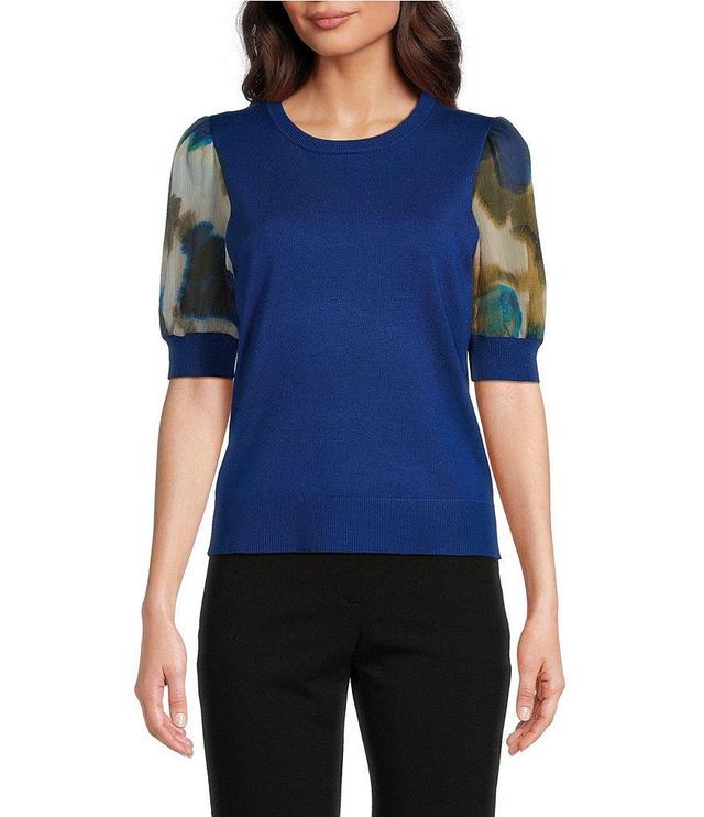 DKNY Mixed Media Crew Neck Printed Puff Sleeve Top Product Image