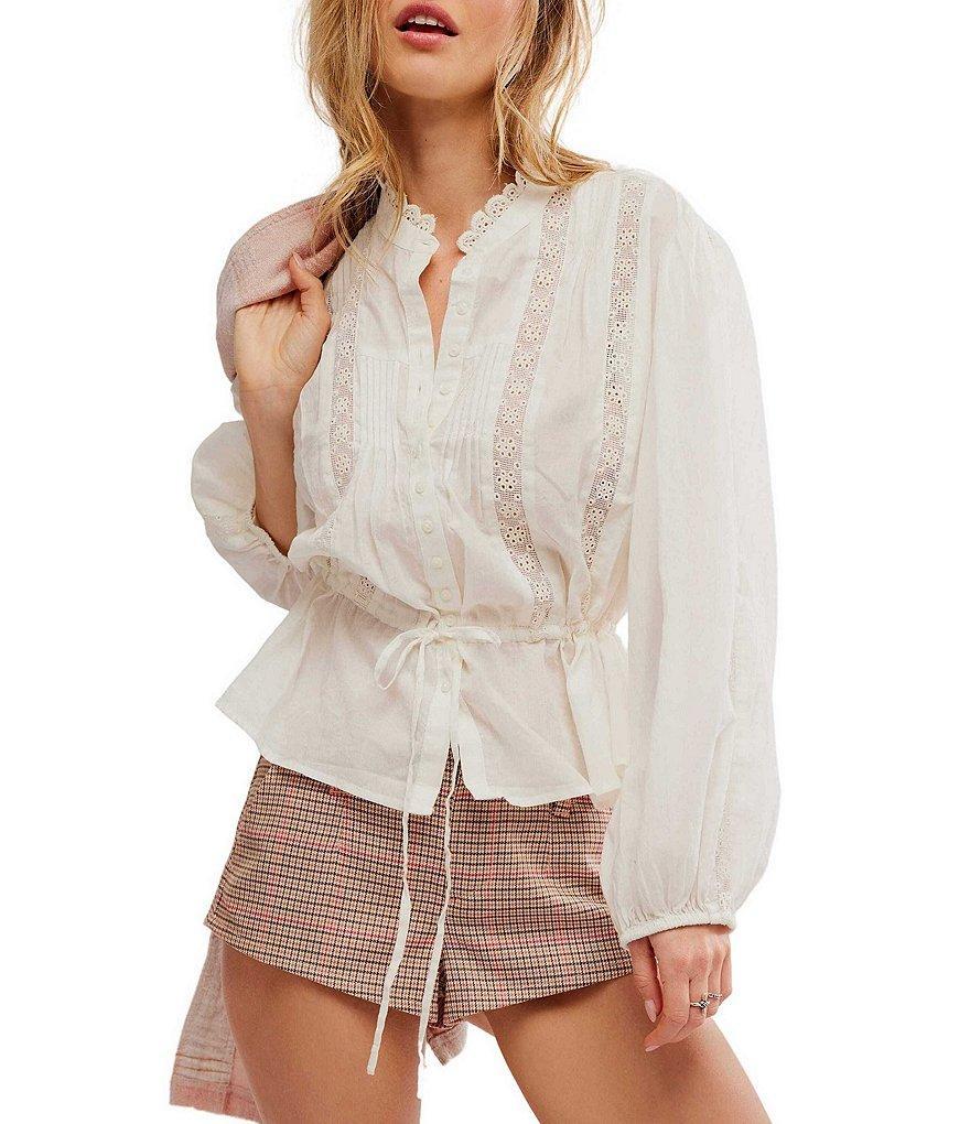 Free People Best Of Me Round Neck Long Sleeve Button Front Lace Trim Blouse Product Image