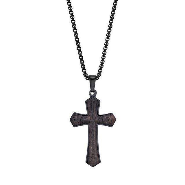 Mens LYNX Stainless Steel & Ebony Wood Cross Pendant Necklace Black Product Image