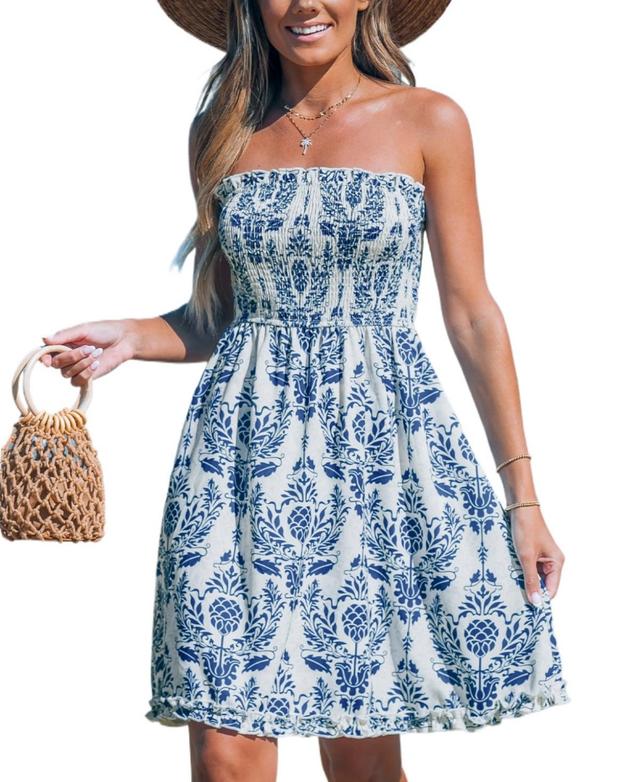 Cupshe Womens Blue & White Damask Smocked Bodice Mini Tube Beach Dress Product Image