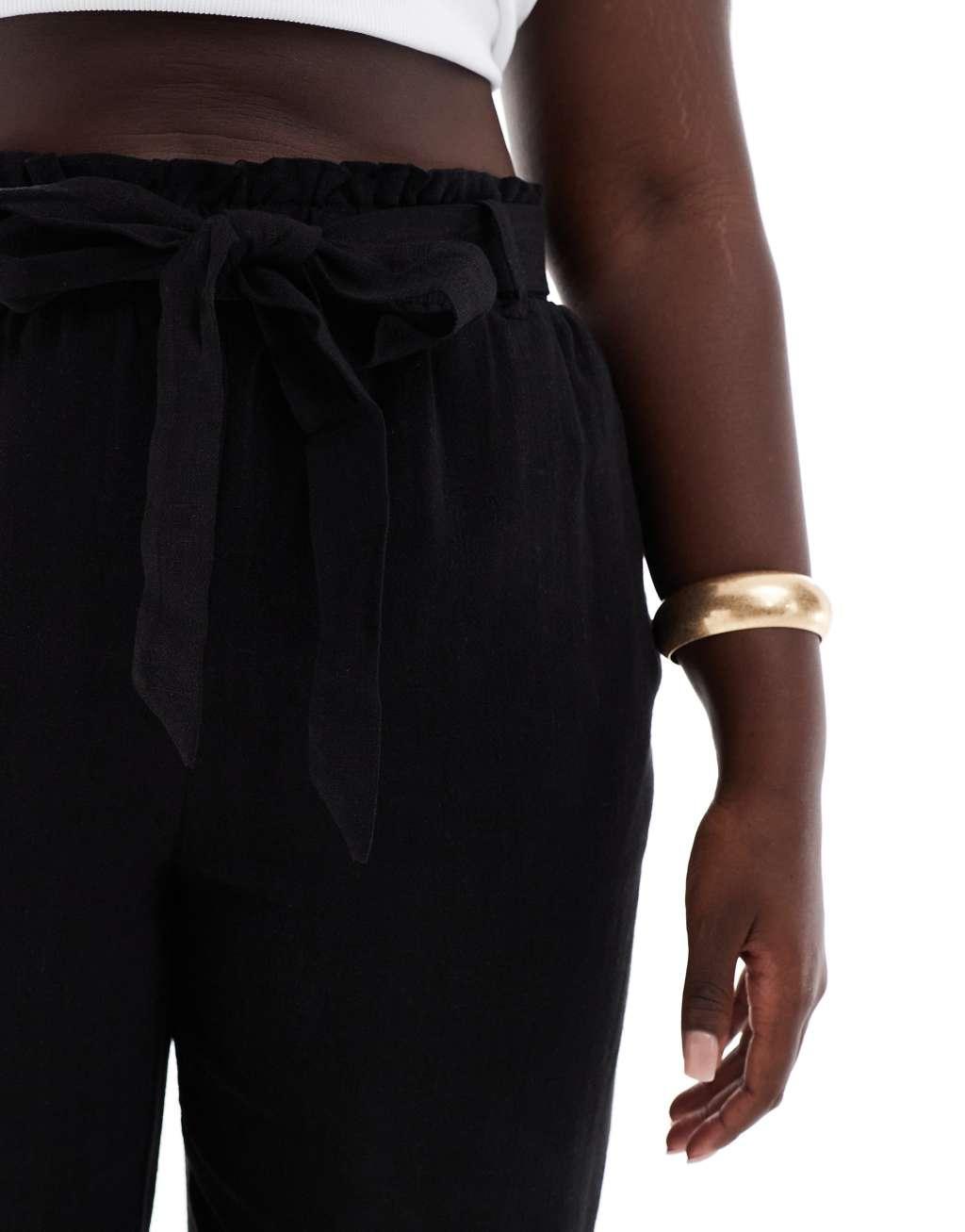 ONLY Curve tie waist wide leg linen mix pants in black  Product Image