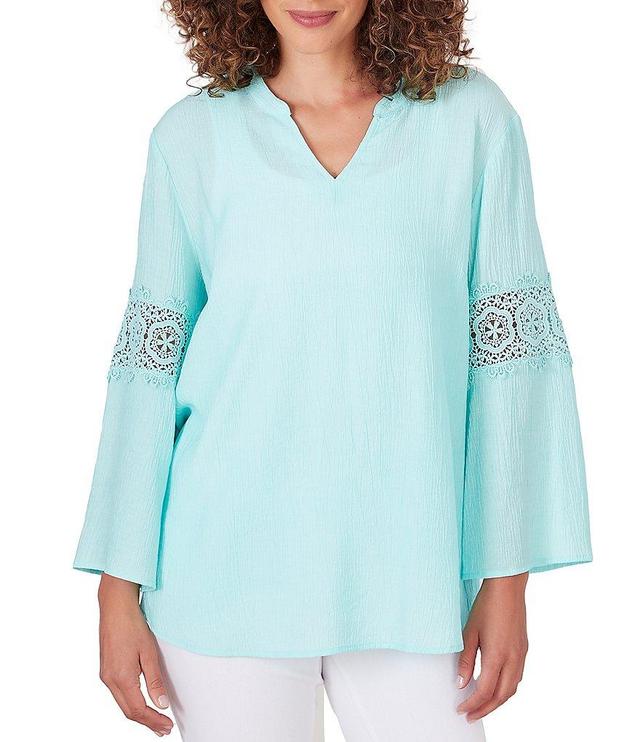 Ruby Rd. Knit Split V-Neck 3/4 Sleeve Inset Trim Detail Top Product Image