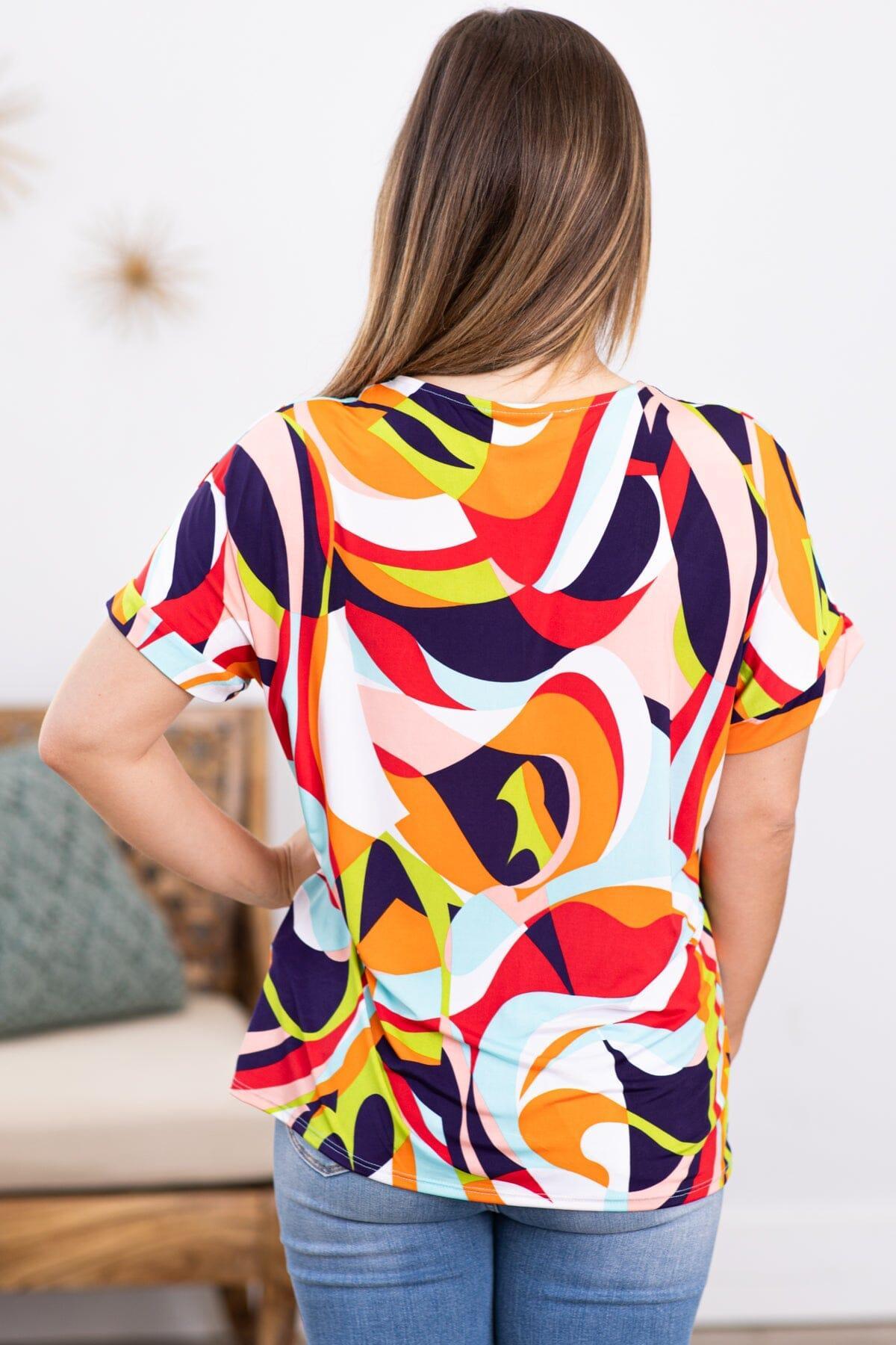 Orange and Pink Multicolor Abstract Print Top Product Image