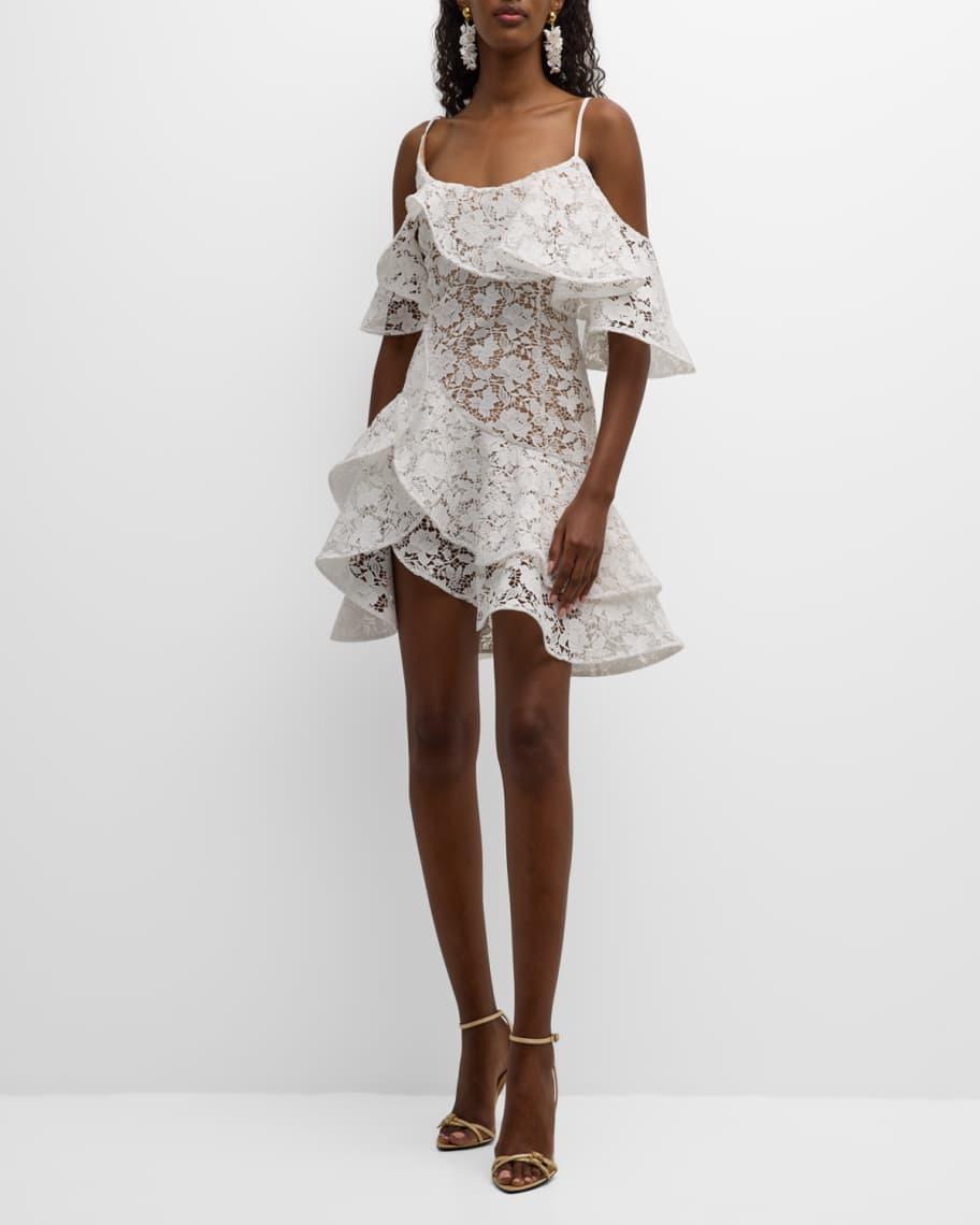 Gardenia Guipure Ruffle Cold-Shoulder Tiered Mini Dress Product Image