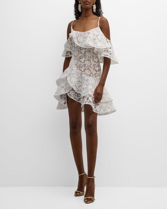 Gardenia Guipure Ruffle Cold-Shoulder Tiered Mini Dress Product Image