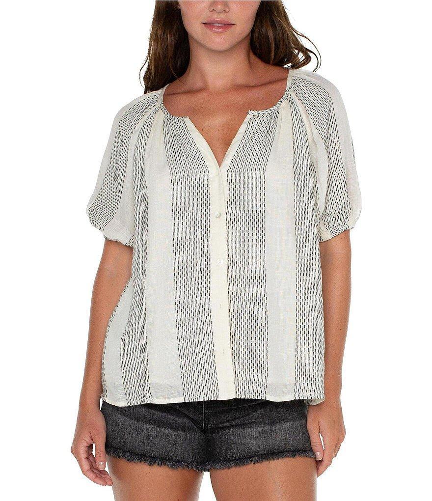 Liverpool Los Angeles Cotton Voile Stripe Print V Neck Short Puff Sleeve Button Front Top Product Image