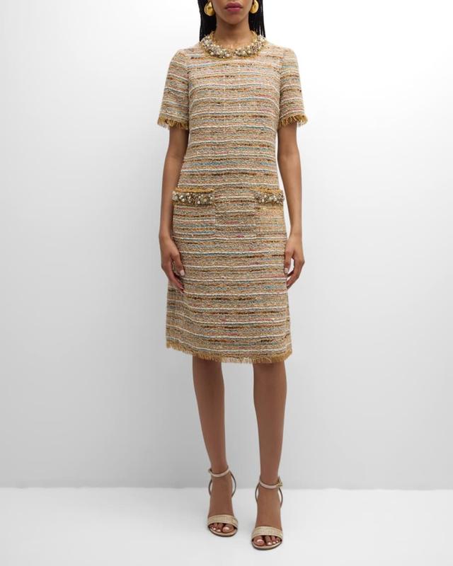 Beaded Fringe-Trim Tweed Midi Dress Product Image