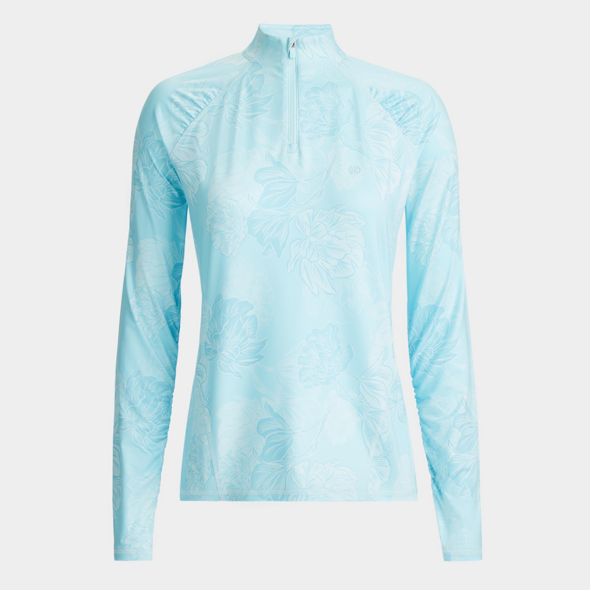 STAMPED FLORAL TECH JERSEY RUCHED QUARTER ZIP PULLOVER Product Image