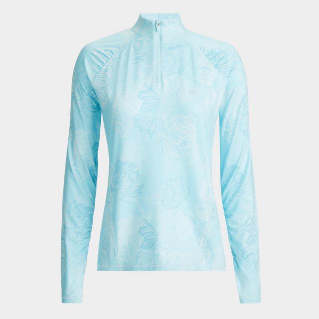 STAMPED FLORAL TECH JERSEY RUCHED QUARTER ZIP PULLOVER Product Image