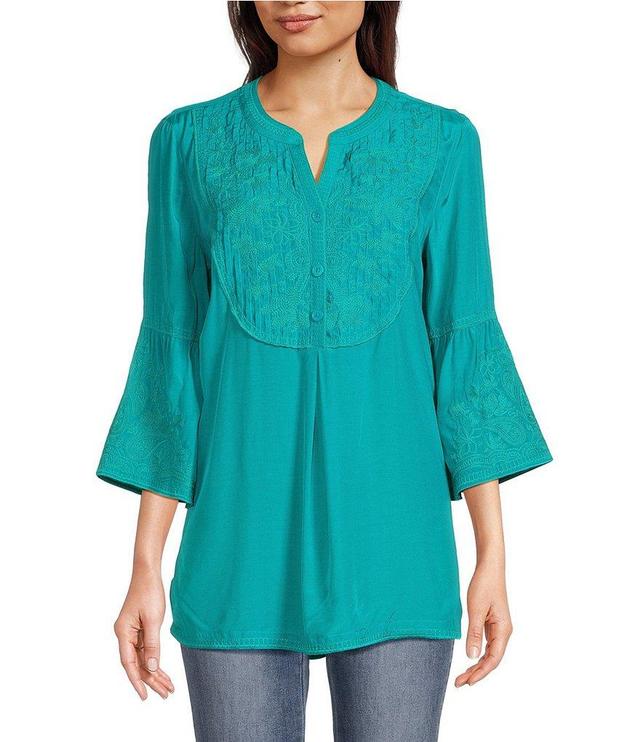 John Mark Floral Embroidered Split V- Neck 3/4 Flared Sleeve Pintuck Button Front Woven Tunic Product Image