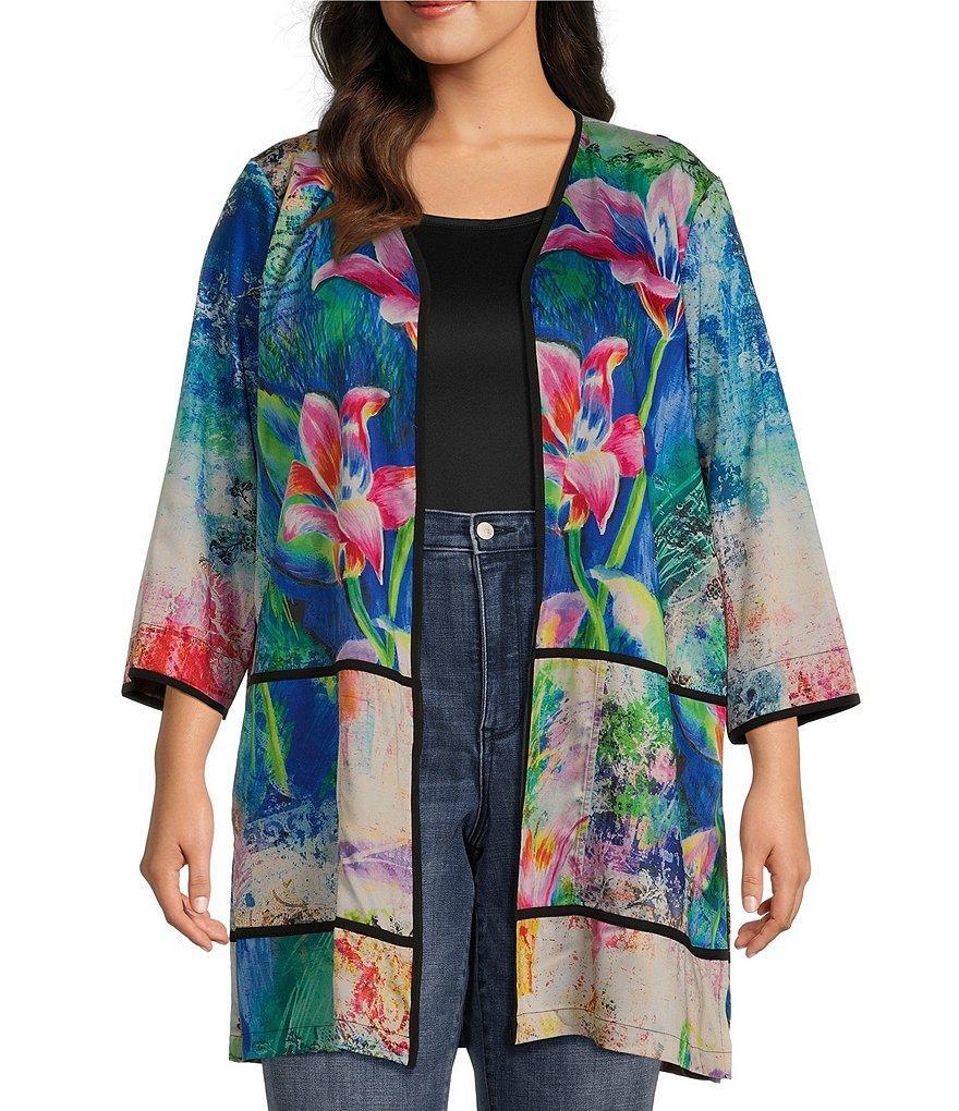 Ali Miles Plus Size Woven Floral Printed Open-Front Fly Away Kimono Product Image