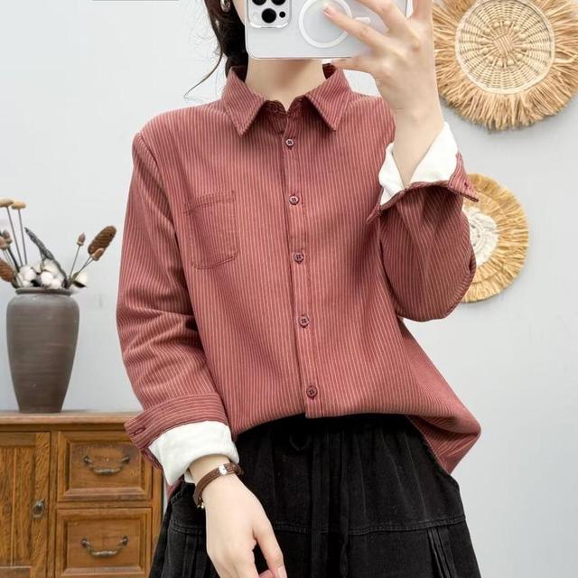 Fleece-Lined Striped Button-Up Shirt Product Image