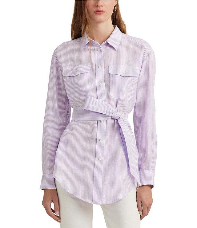 Lauren Ralph Lauren Striped Belted Point Collar Long Sleeve Button Down Shirt Product Image