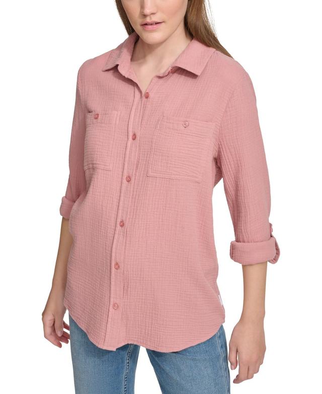 Calvin Klein Jeans Womens Double-Crepe Button-Down Roll-Tab-Sleeve Shirt Product Image