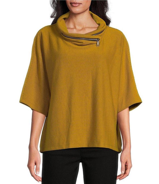 Multiples Faux-Zipper Trim Mock Neck 3/4 Dolman Sleeve Hi-Low Hem Sweater Knit Top Product Image