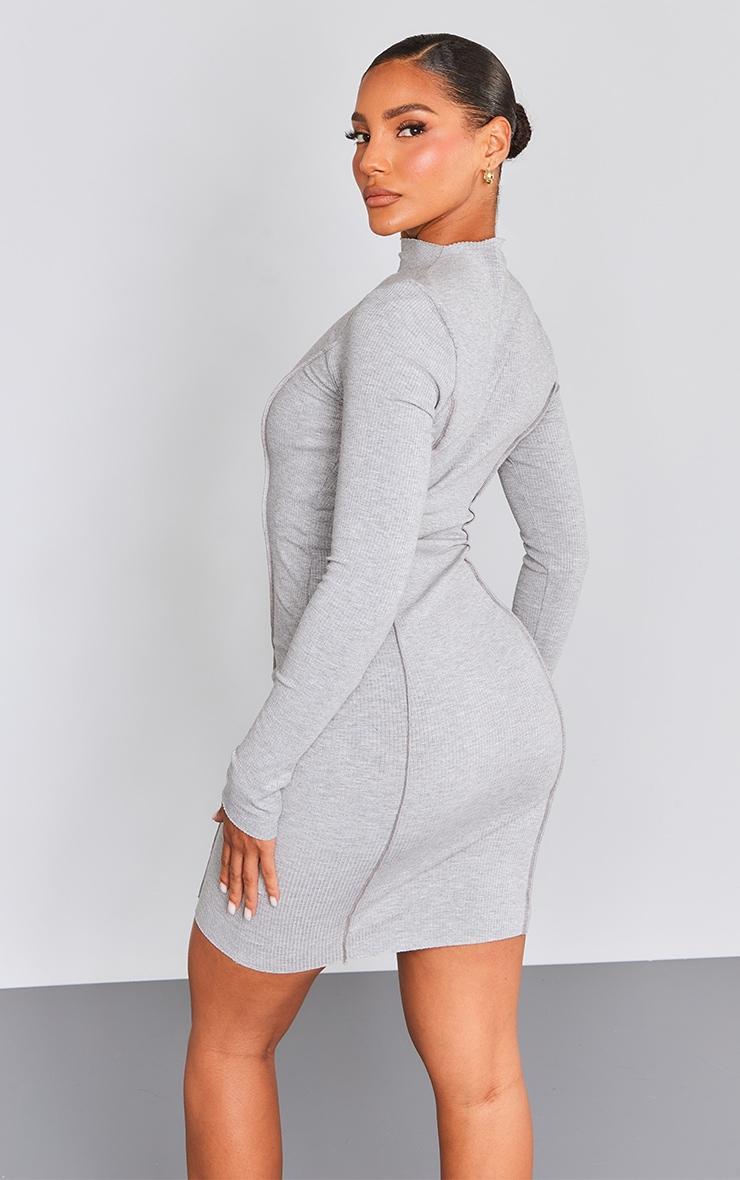 Grey Ribbed Long Sleeve Seam Detail Bodycon Dress Product Image