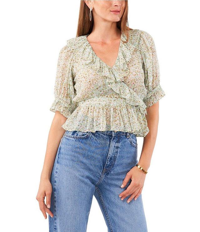 1. STATE Ditzy Floral Print Ruffle V-Neck Long Short Sleeve Side Tie Wrap Blouse Product Image