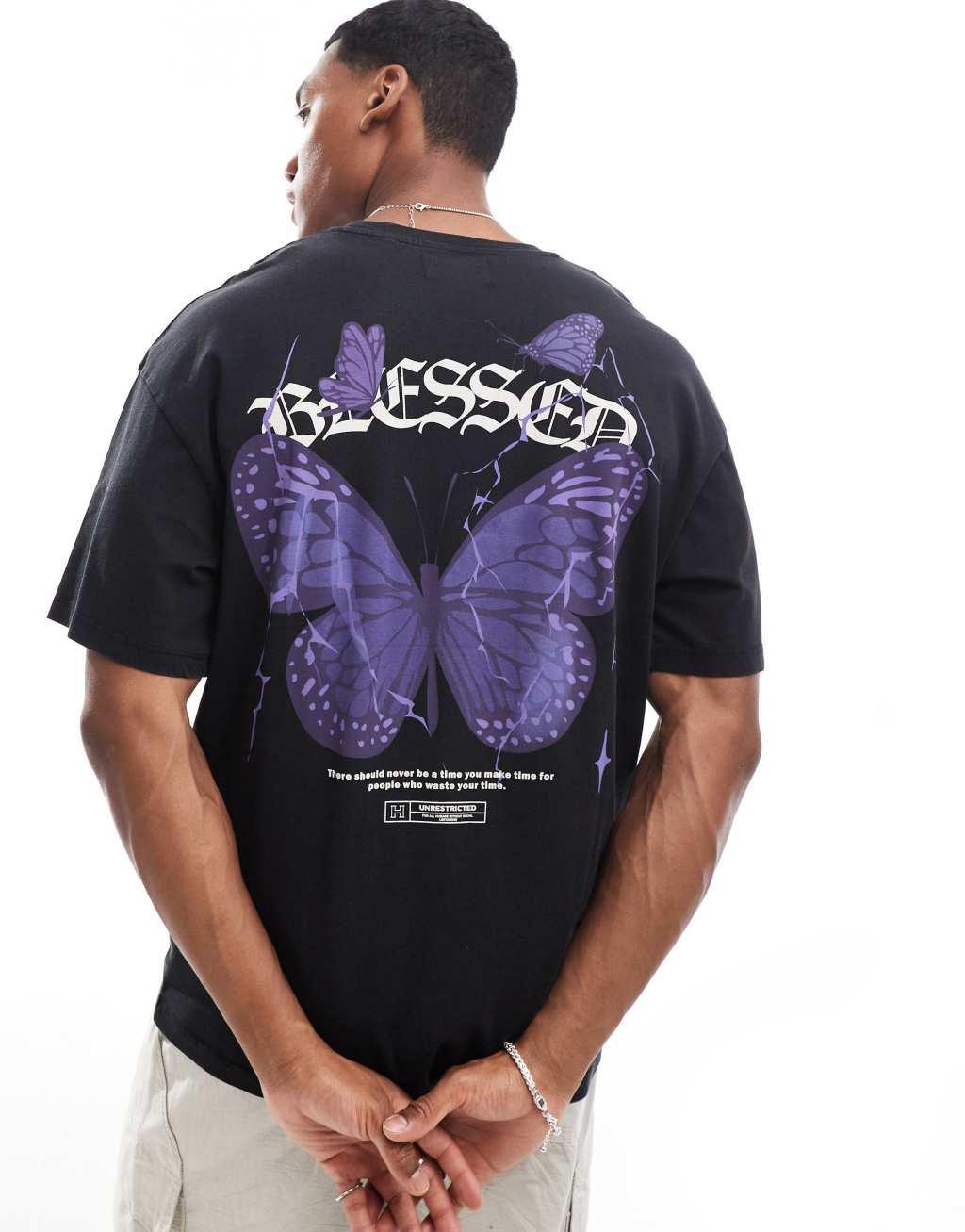 ADPT oversized butterfly back print t-shirt in washed black  Product Image