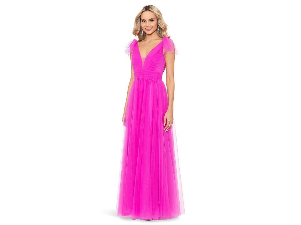 Betsy & Adam Long Mesh V-Neck Ballgown (Hot ) Women's Dress Product Image