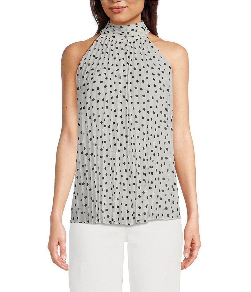 KARL LAGERFELD PARIS Polka Dot Print Pleated Mock Halter Neck Sleeveless Top Product Image