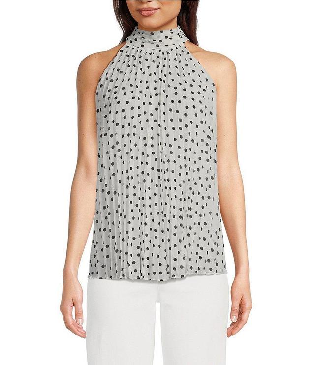 KARL LAGERFELD PARIS Polka Dot Print Pleated Mock Halter Neck Sleeveless Top Product Image