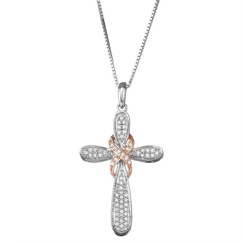 Two Tone Sterling Silver 1/4 Carat T.W. Diamond Cross Pendant, Womens Pink Tone Product Image