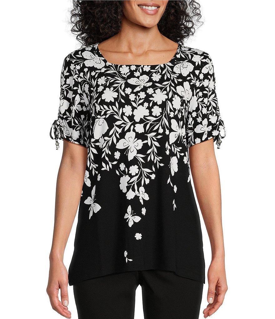 Allison Daley Petite Size Embellished Butterfly Floral Print Ruched Short Tie Sleeve Square Neck Knit Top Product Image