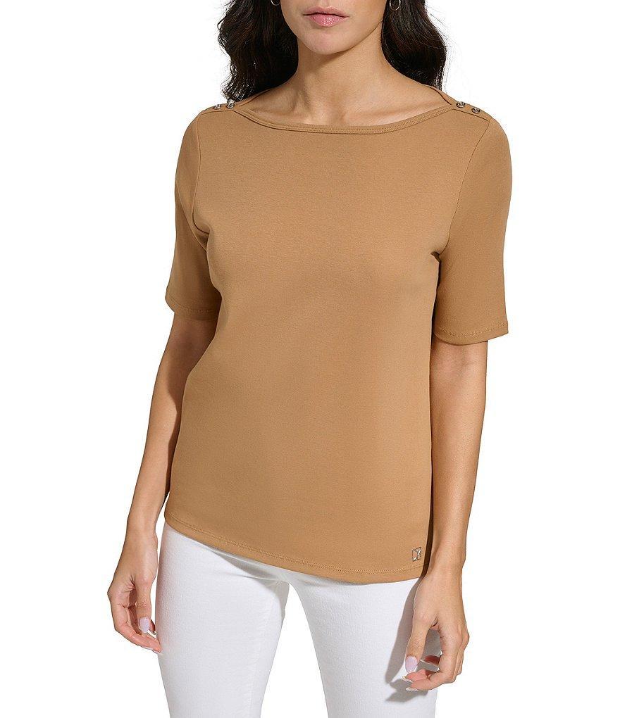 Calvin Klein Boat Neck Button Shoulder Detail Short Sleeve Tee Product Image