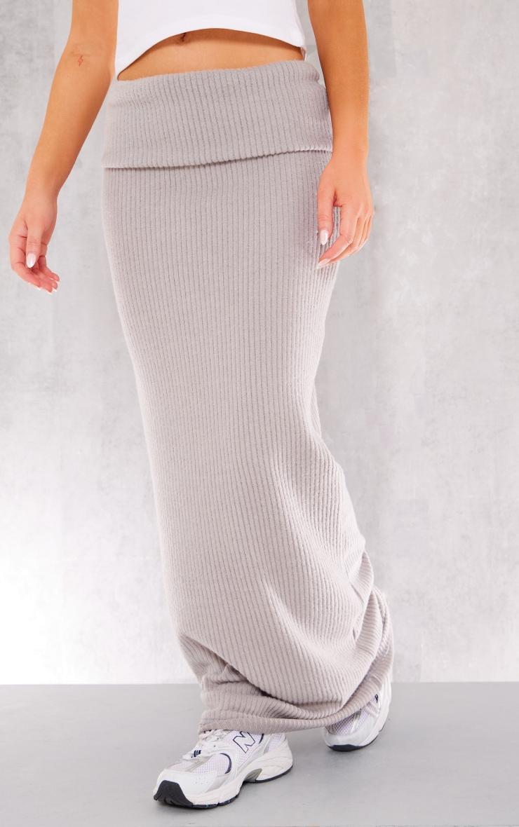 Light Grey Thick Brushed Rib Fold Over Waist Maxi Skirt Product Image