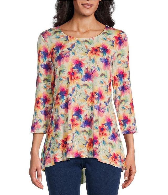 Intro Petite Size Watercolor Floral Print Scoop Neck 3/4 Sleeve Pleated Back High-Low Hem Legging Tee Shirt Product Image