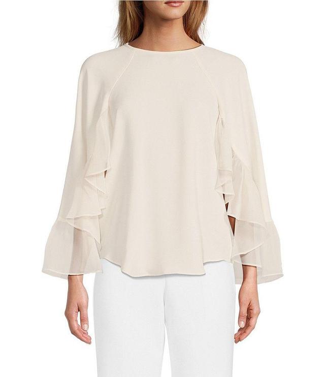 Trina Turk Akari Woven Crew Neck Sheer Ruffled Trim Sleeve Blouse Product Image