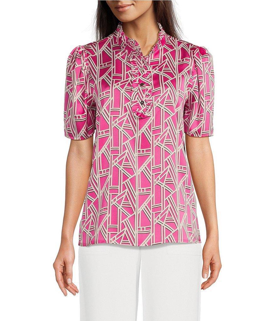 KARL LAGERFELD PARIS Printed Ruffle Mock Neckline Short Sleeve Blouse Product Image