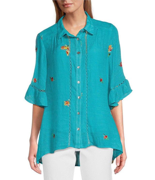 Figueroa & Flower Hanna Floral Embroidered Short Sleeve Button Down Blouse Product Image