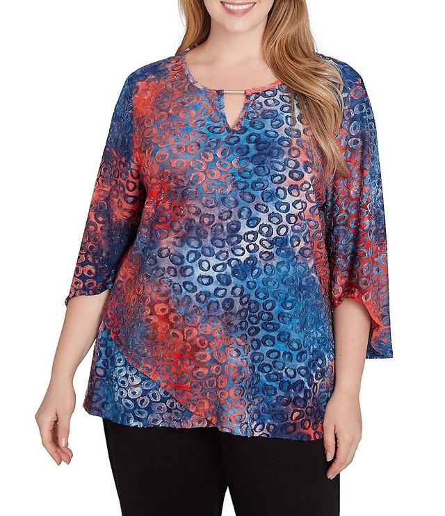 Ruby Rd. Plus Size Jacquard Knit Tie Dye Keyhole Bar Detail 3/4 Sleeve Top Product Image